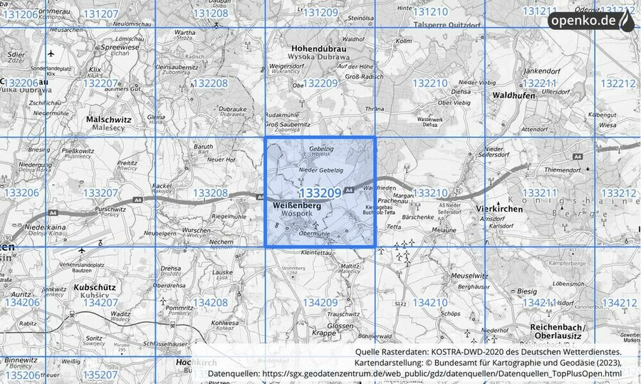 Übersichtskarte des KOSTRA-DWD-2020-Rasterfeldes Nr. 133209