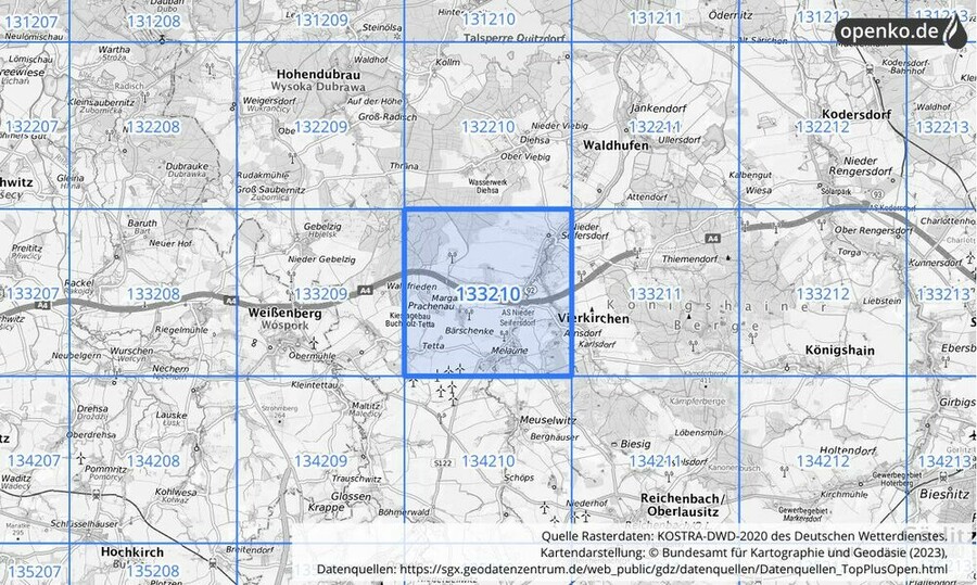 Übersichtskarte des KOSTRA-DWD-2020-Rasterfeldes Nr. 133210