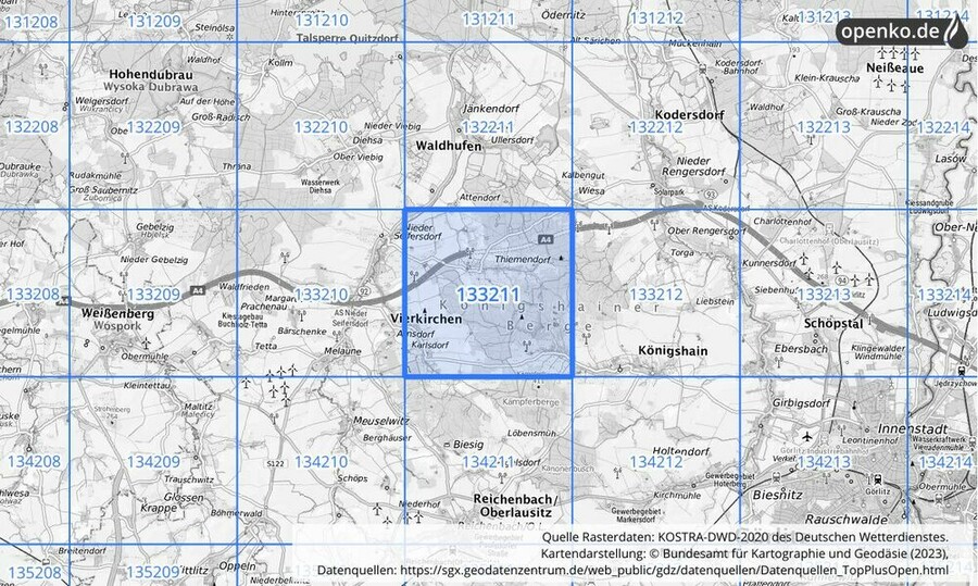 Übersichtskarte des KOSTRA-DWD-2020-Rasterfeldes Nr. 133211