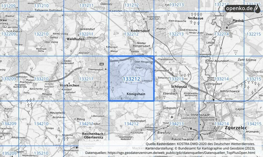 Übersichtskarte des KOSTRA-DWD-2020-Rasterfeldes Nr. 133212