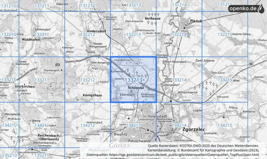 Übersichtskarte des KOSTRA-DWD-2020-Rasterfeldes Nr. 133213