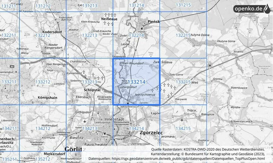 Übersichtskarte des KOSTRA-DWD-2020-Rasterfeldes Nr. 133214