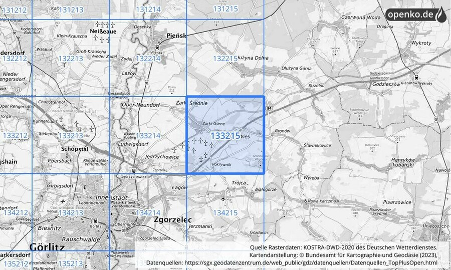 Übersichtskarte des KOSTRA-DWD-2020-Rasterfeldes Nr. 133215