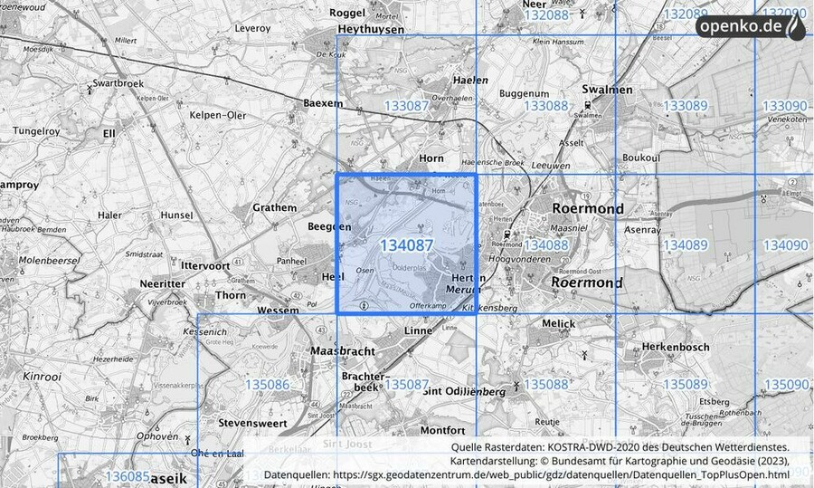 Übersichtskarte des KOSTRA-DWD-2020-Rasterfeldes Nr. 134087