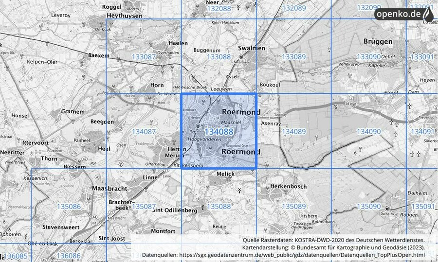 Übersichtskarte des KOSTRA-DWD-2020-Rasterfeldes Nr. 134088