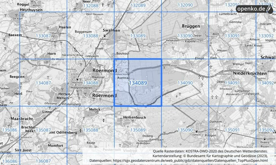 Übersichtskarte des KOSTRA-DWD-2020-Rasterfeldes Nr. 134089