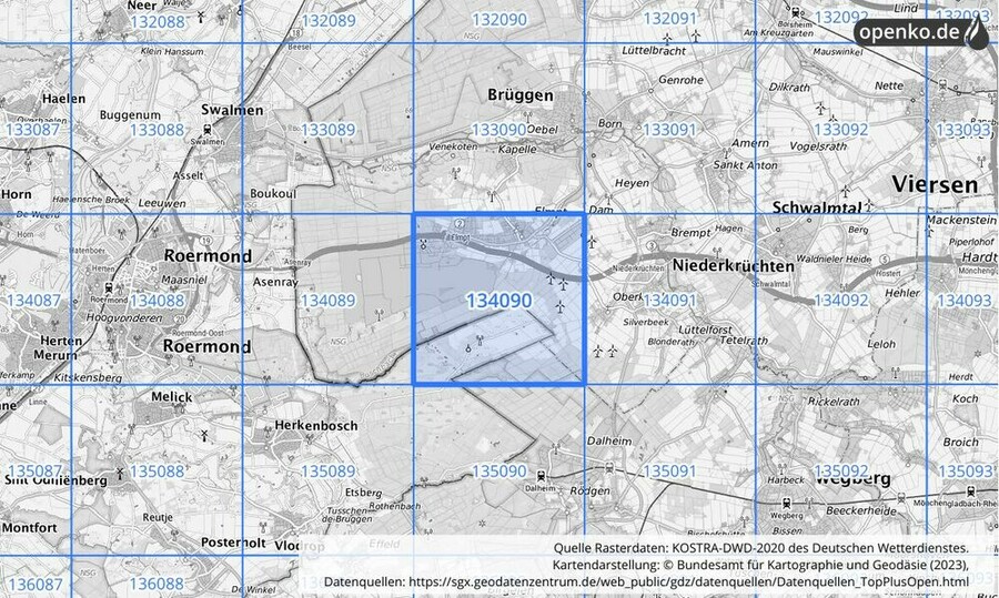 Übersichtskarte des KOSTRA-DWD-2020-Rasterfeldes Nr. 134090