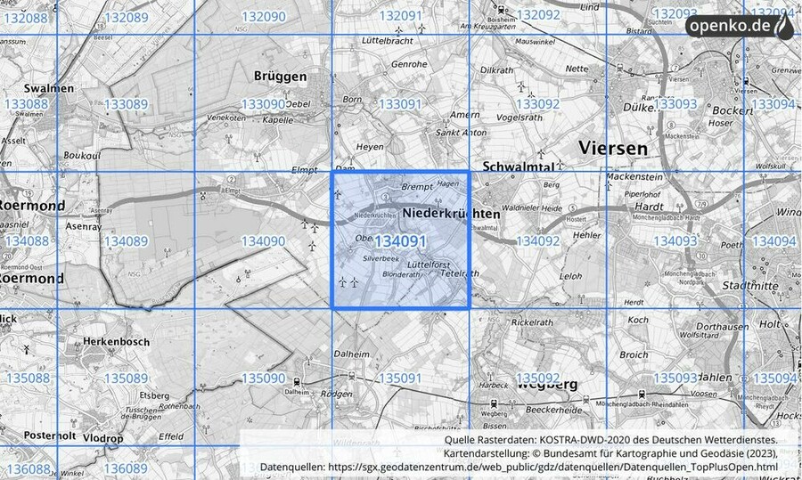 Übersichtskarte des KOSTRA-DWD-2020-Rasterfeldes Nr. 134091