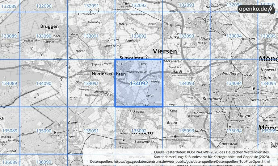 Übersichtskarte des KOSTRA-DWD-2020-Rasterfeldes Nr. 134092