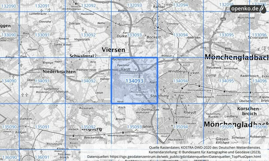 Übersichtskarte des KOSTRA-DWD-2020-Rasterfeldes Nr. 134093