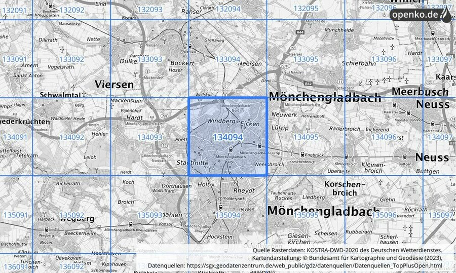 Übersichtskarte des KOSTRA-DWD-2020-Rasterfeldes Nr. 134094