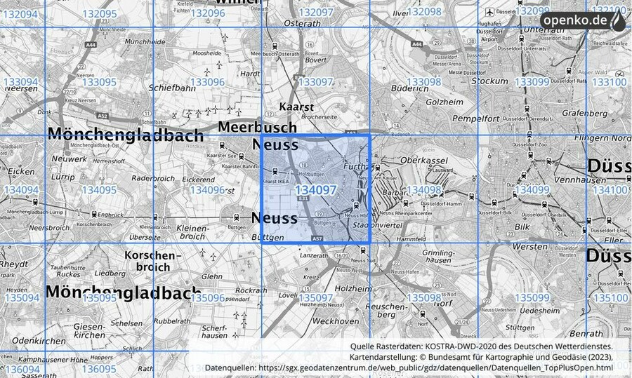 Übersichtskarte des KOSTRA-DWD-2020-Rasterfeldes Nr. 134097