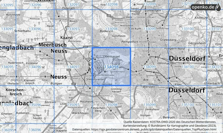 Übersichtskarte des KOSTRA-DWD-2020-Rasterfeldes Nr. 134098