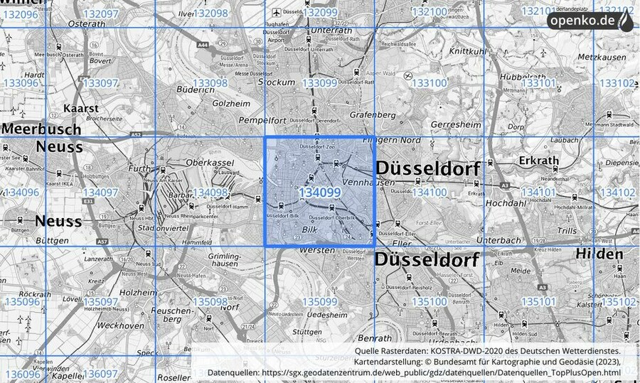 Übersichtskarte des KOSTRA-DWD-2020-Rasterfeldes Nr. 134099