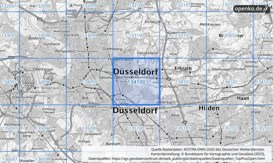 Übersichtskarte des KOSTRA-DWD-2020-Rasterfeldes Nr. 134100