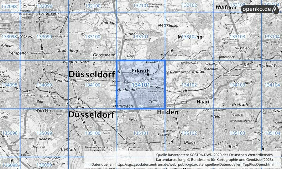 Übersichtskarte des KOSTRA-DWD-2020-Rasterfeldes Nr. 134101