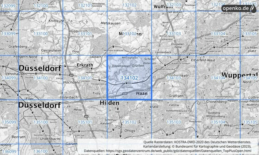 Übersichtskarte des KOSTRA-DWD-2020-Rasterfeldes Nr. 134102