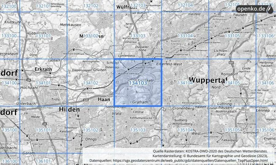 Übersichtskarte des KOSTRA-DWD-2020-Rasterfeldes Nr. 134103