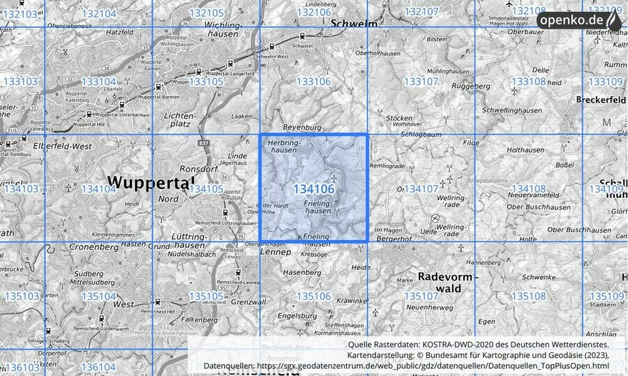Übersichtskarte des KOSTRA-DWD-2020-Rasterfeldes Nr. 134106