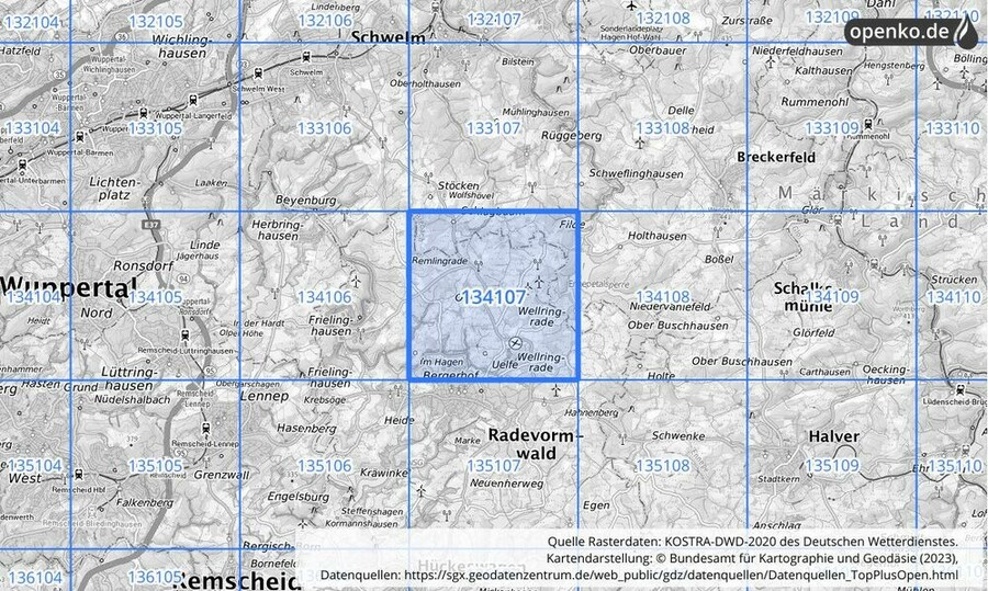 Übersichtskarte des KOSTRA-DWD-2020-Rasterfeldes Nr. 134107