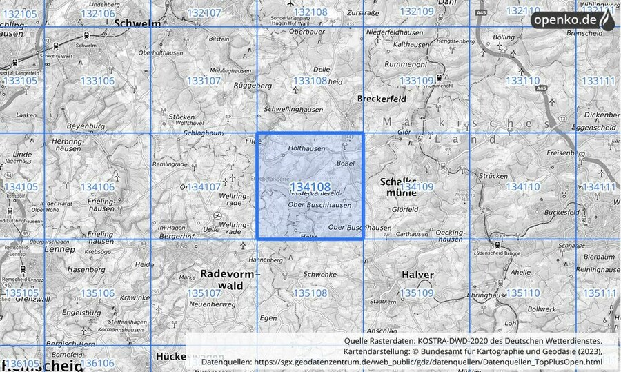 Übersichtskarte des KOSTRA-DWD-2020-Rasterfeldes Nr. 134108