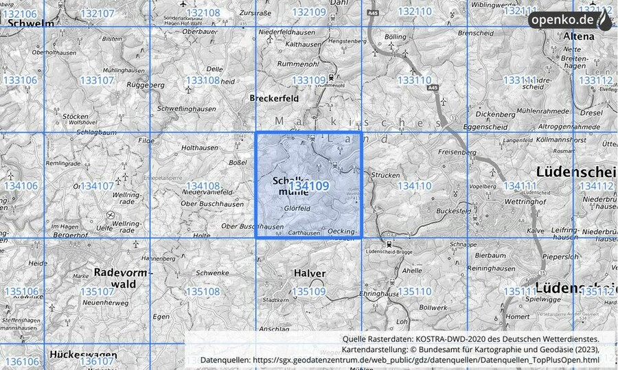 Übersichtskarte des KOSTRA-DWD-2020-Rasterfeldes Nr. 134109