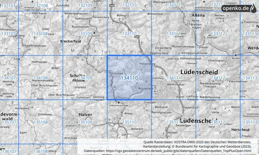 Übersichtskarte des KOSTRA-DWD-2020-Rasterfeldes Nr. 134110