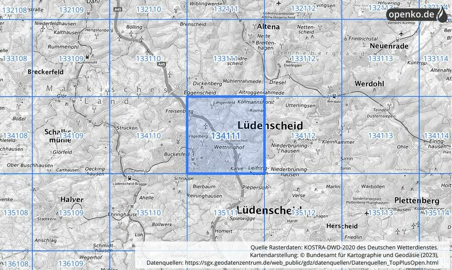 Übersichtskarte des KOSTRA-DWD-2020-Rasterfeldes Nr. 134111