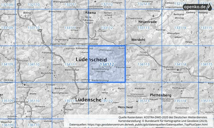 Übersichtskarte des KOSTRA-DWD-2020-Rasterfeldes Nr. 134112