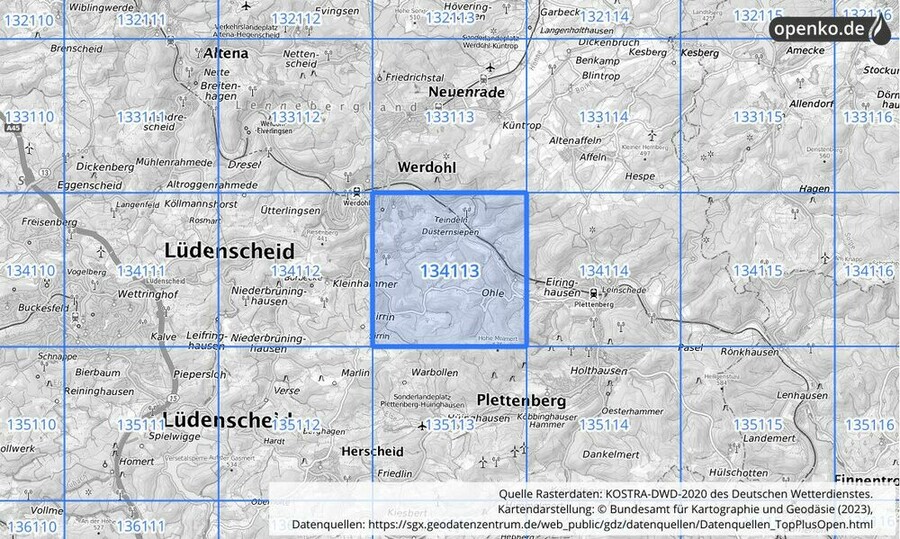 Übersichtskarte des KOSTRA-DWD-2020-Rasterfeldes Nr. 134113