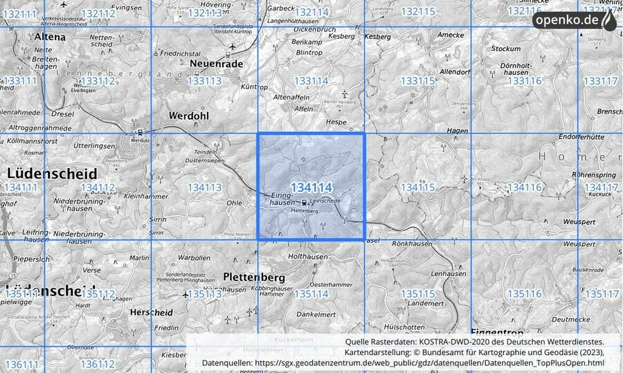 Übersichtskarte des KOSTRA-DWD-2020-Rasterfeldes Nr. 134114