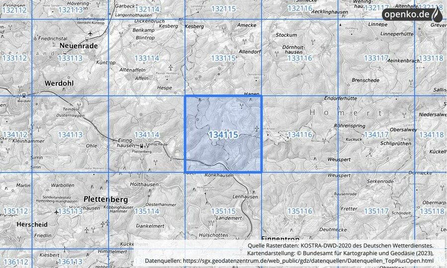 Übersichtskarte des KOSTRA-DWD-2020-Rasterfeldes Nr. 134115