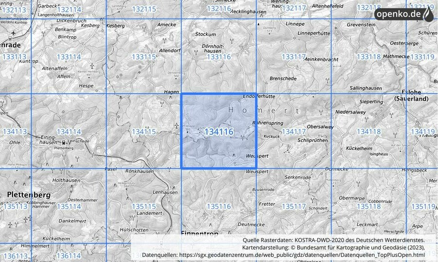 Übersichtskarte des KOSTRA-DWD-2020-Rasterfeldes Nr. 134116