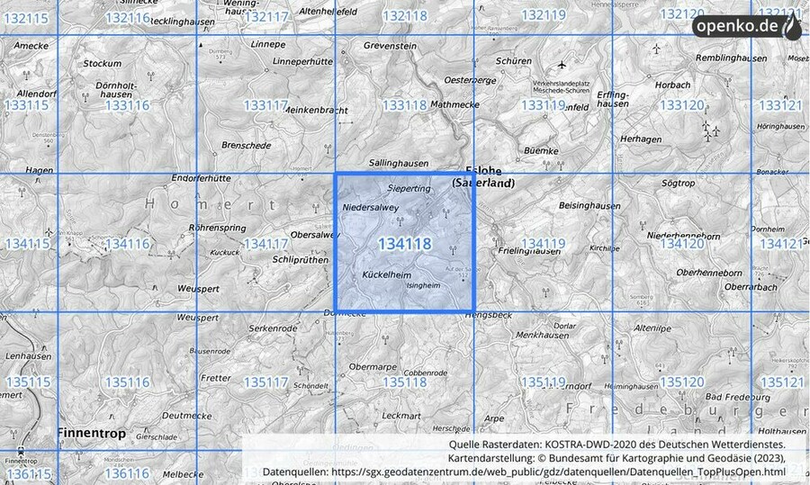 Übersichtskarte des KOSTRA-DWD-2020-Rasterfeldes Nr. 134118