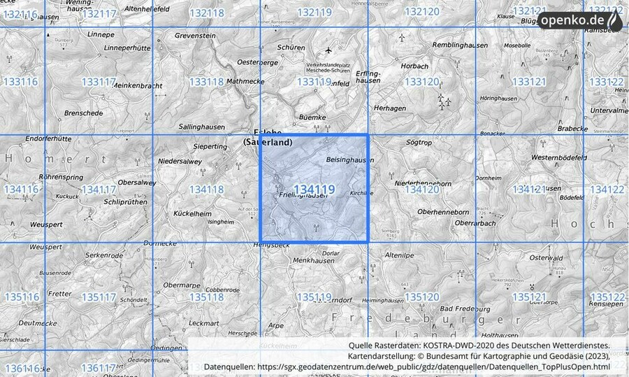 Übersichtskarte des KOSTRA-DWD-2020-Rasterfeldes Nr. 134119