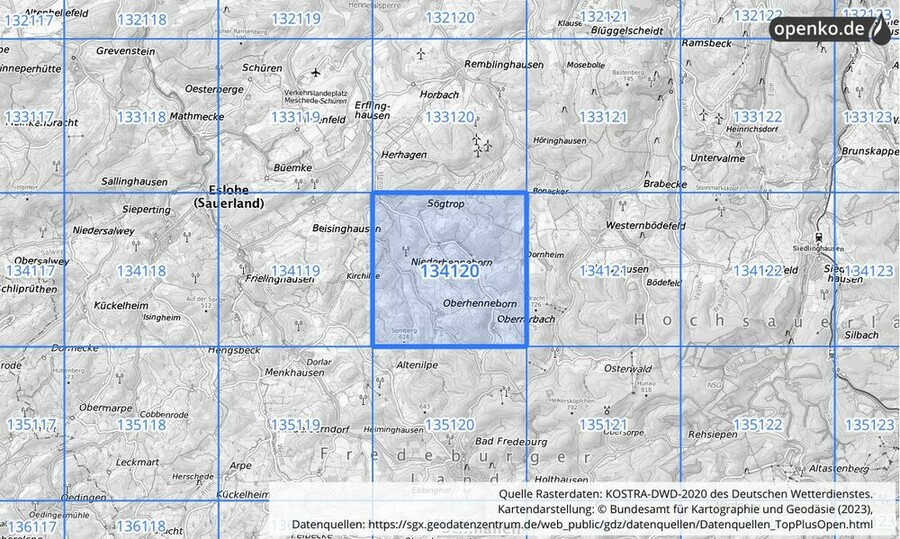 Übersichtskarte des KOSTRA-DWD-2020-Rasterfeldes Nr. 134120