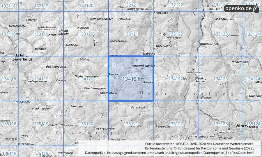 Übersichtskarte des KOSTRA-DWD-2020-Rasterfeldes Nr. 134121