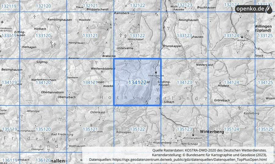 Übersichtskarte des KOSTRA-DWD-2020-Rasterfeldes Nr. 134122