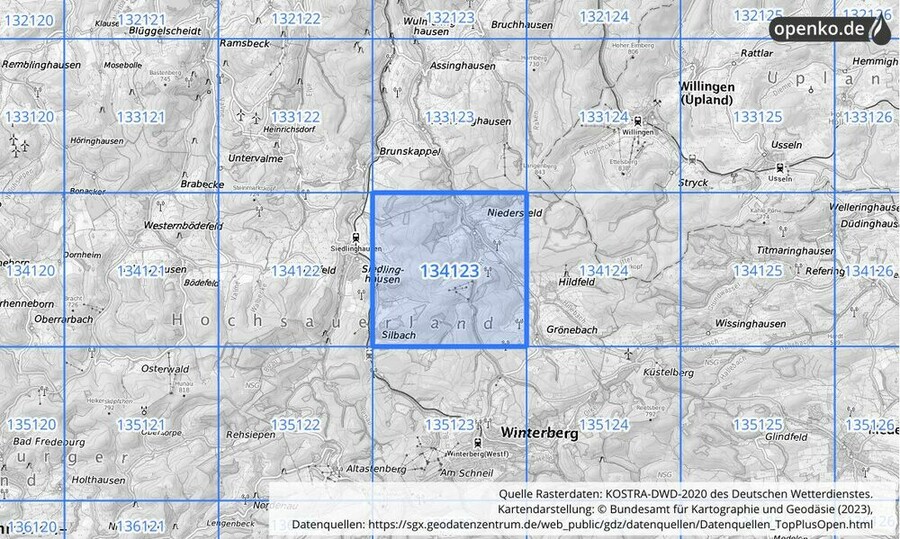 Übersichtskarte des KOSTRA-DWD-2020-Rasterfeldes Nr. 134123