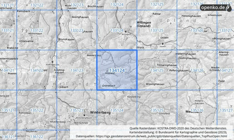 Übersichtskarte des KOSTRA-DWD-2020-Rasterfeldes Nr. 134124