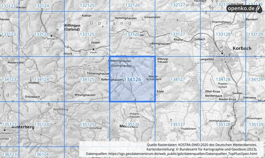 Übersichtskarte des KOSTRA-DWD-2020-Rasterfeldes Nr. 134126