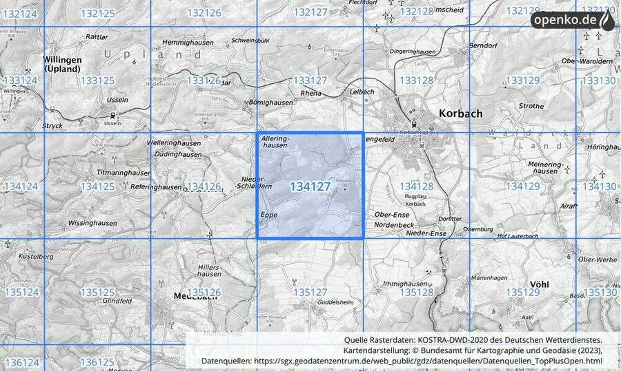 Übersichtskarte des KOSTRA-DWD-2020-Rasterfeldes Nr. 134127