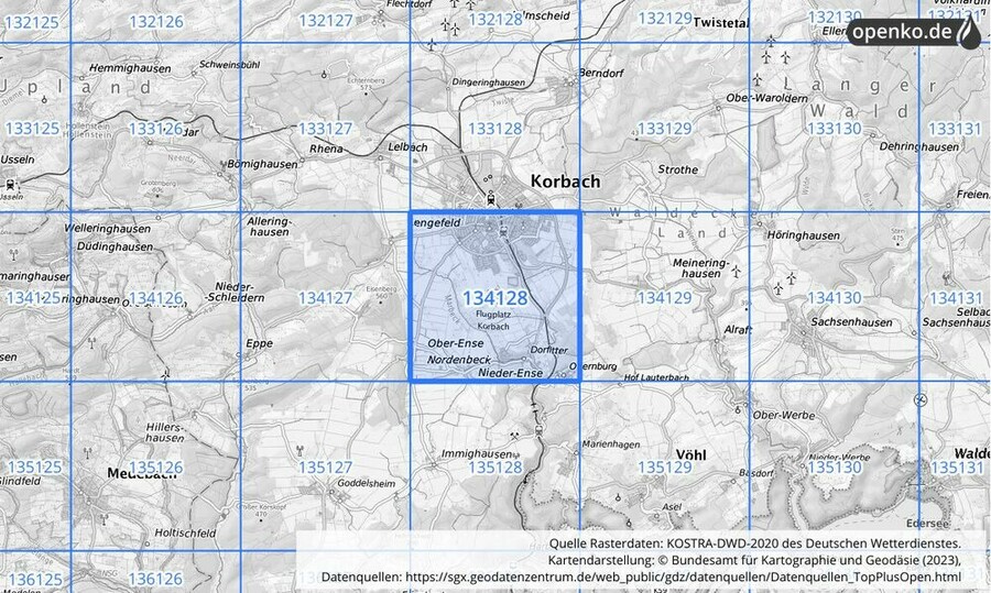 Übersichtskarte des KOSTRA-DWD-2020-Rasterfeldes Nr. 134128