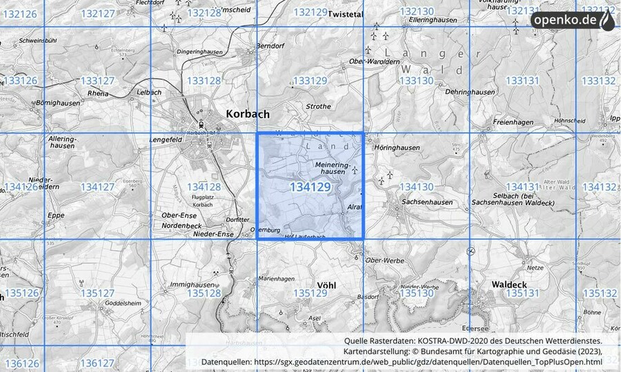 Übersichtskarte des KOSTRA-DWD-2020-Rasterfeldes Nr. 134129