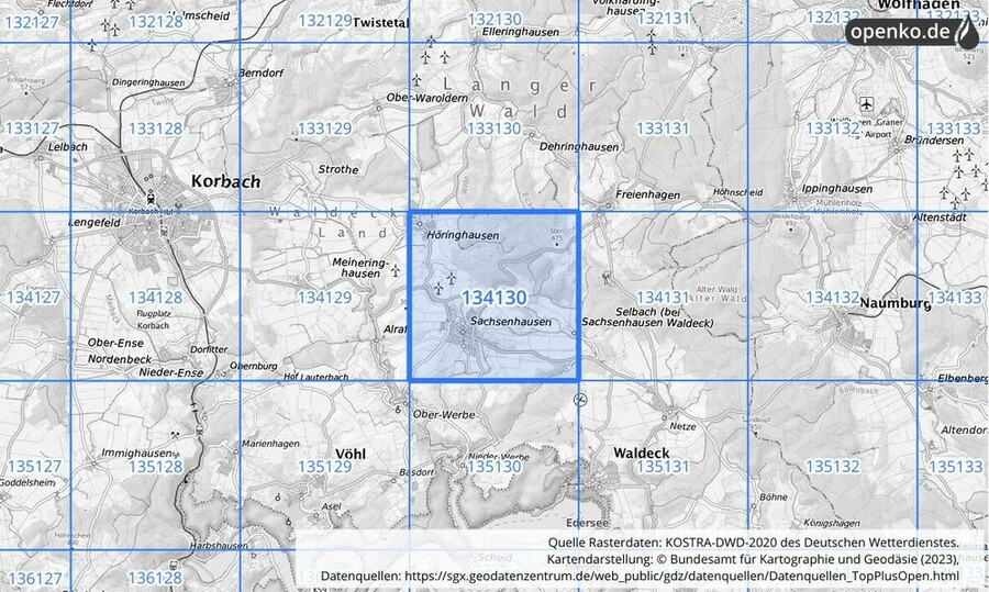 Übersichtskarte des KOSTRA-DWD-2020-Rasterfeldes Nr. 134130