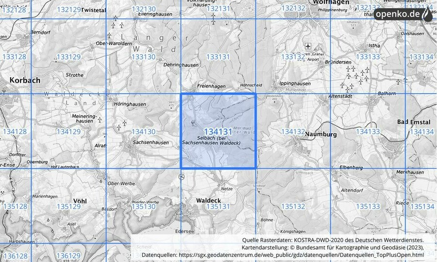 Übersichtskarte des KOSTRA-DWD-2020-Rasterfeldes Nr. 134131