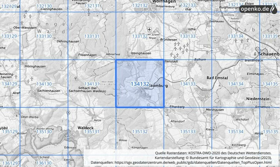 Übersichtskarte des KOSTRA-DWD-2020-Rasterfeldes Nr. 134132