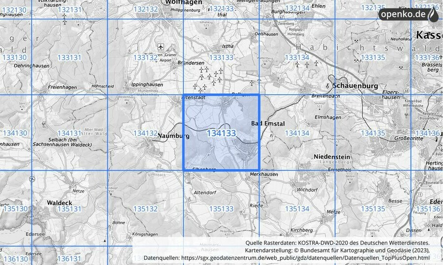 Übersichtskarte des KOSTRA-DWD-2020-Rasterfeldes Nr. 134133