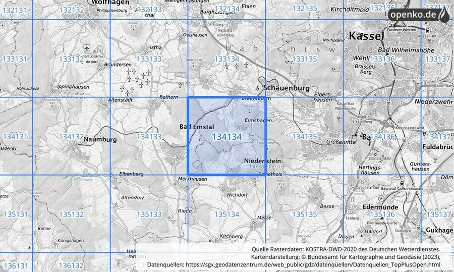 Übersichtskarte des KOSTRA-DWD-2020-Rasterfeldes Nr. 134134