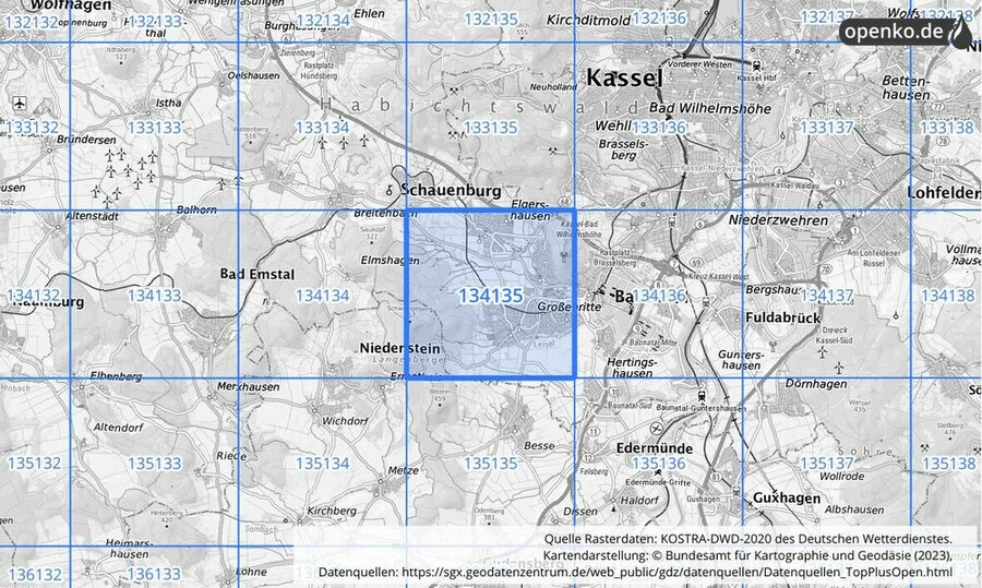 Übersichtskarte des KOSTRA-DWD-2020-Rasterfeldes Nr. 134135